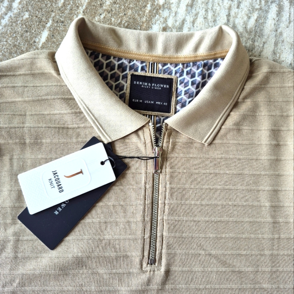 Denim & Flower Men's Jacquard Zip up Polo Shirt Size Medium